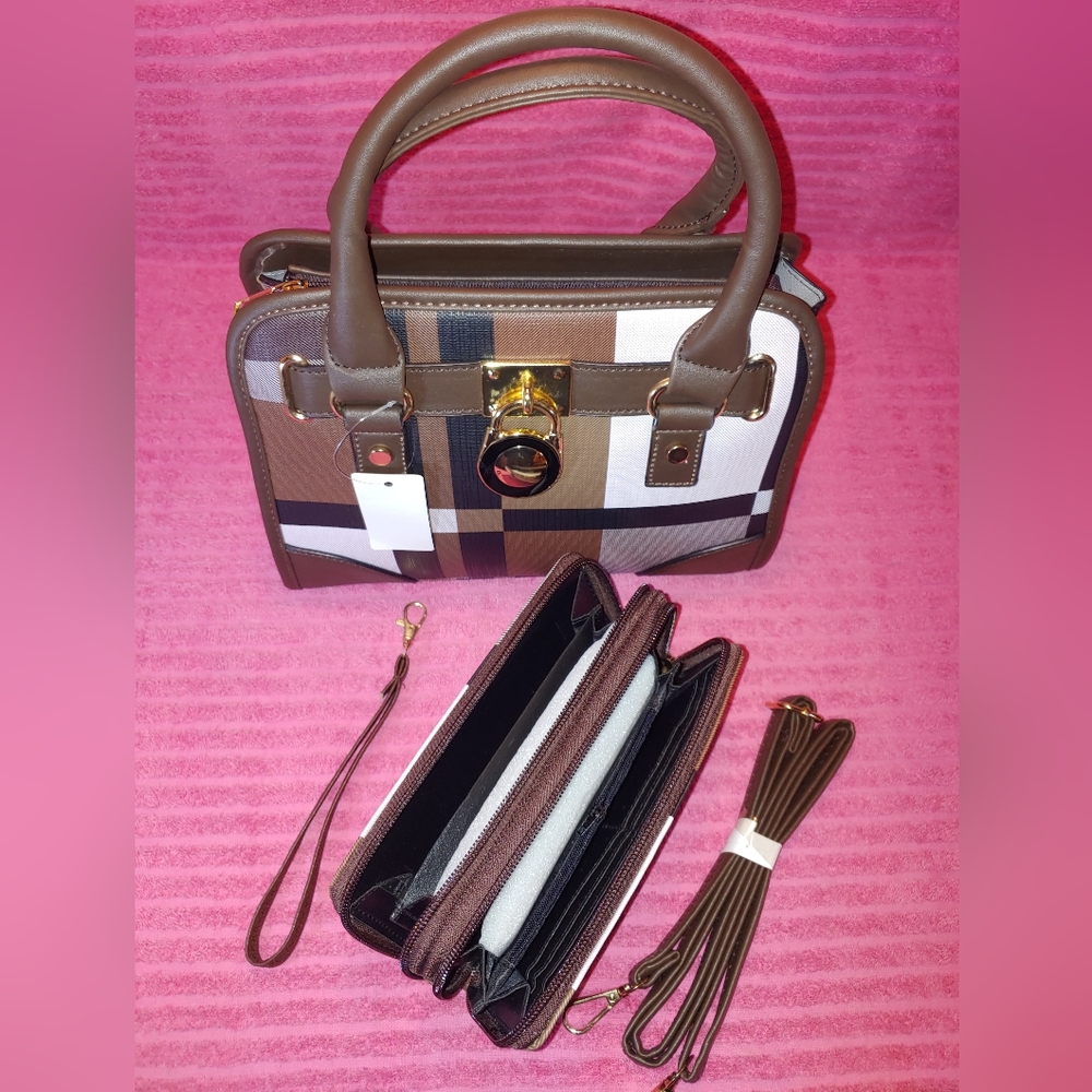 Plaid Small Handbag trimmed in Coffee Color or Chocolate Brown/Matching … - Picture 4 of 8